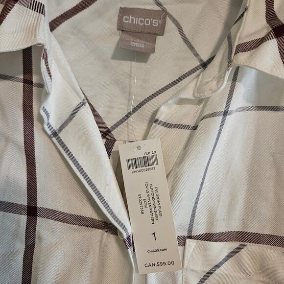 CHICO'S Womens Size 1 Medium Plaid Button Up Blouse Top Long Sleeve White - Picture 6 of 7